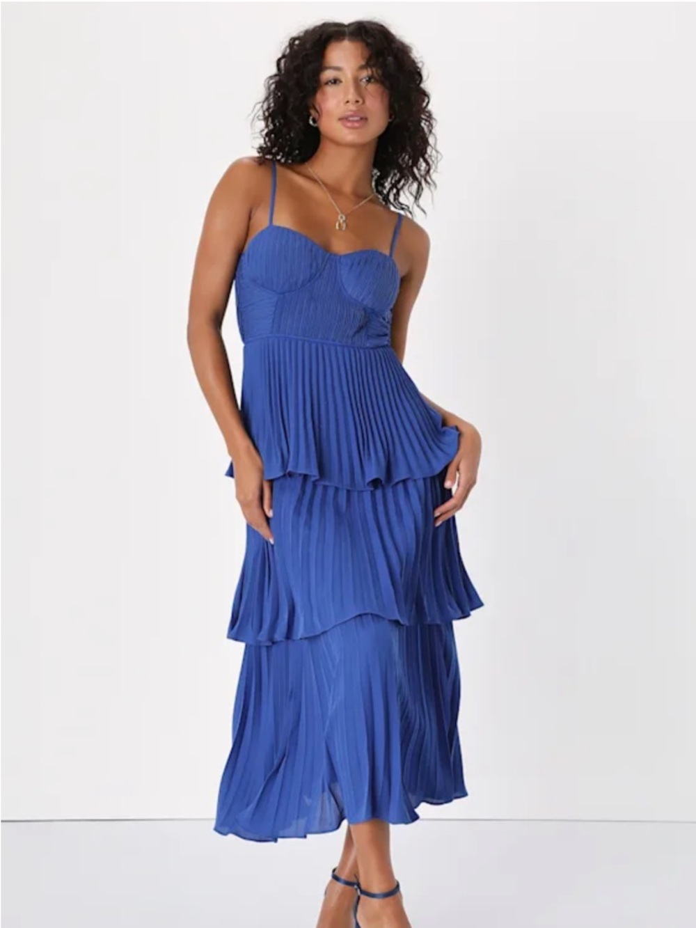 Lulu's Royal Blue Tiered Pleated Spaghetti Strap Midi Dress NWT